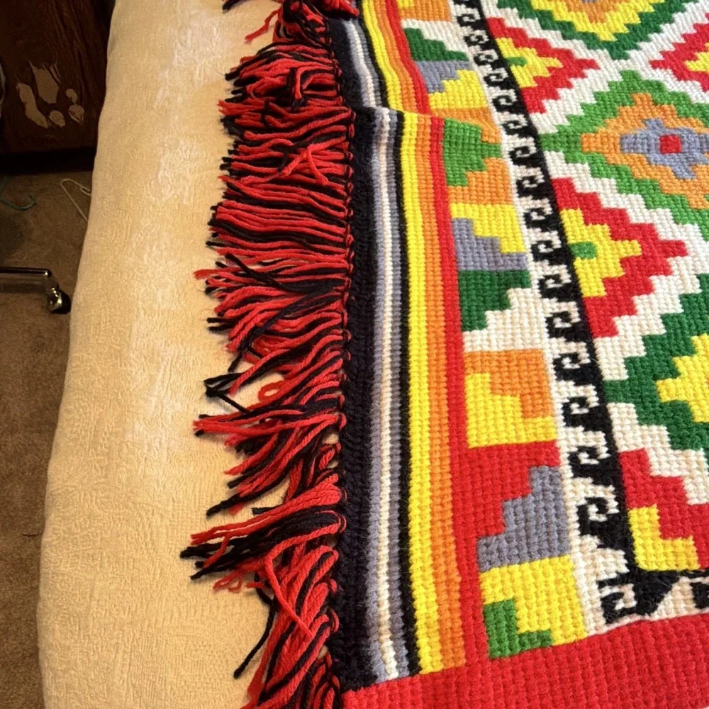 Vintage Handmade Needlepoint Rug 47x40 Geometric Folk Art Tapestry Colorful